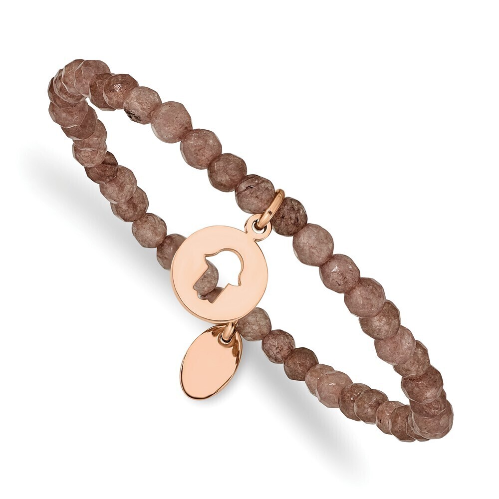 Kazi Luxury Steel Rose IP-plated Hamsa 4mm Brown Jade Beaded Stretch Bracelet